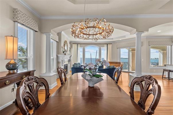 Chandelier, Dining room, Fireplace, Interior, Water, Wood Texture Flooring
