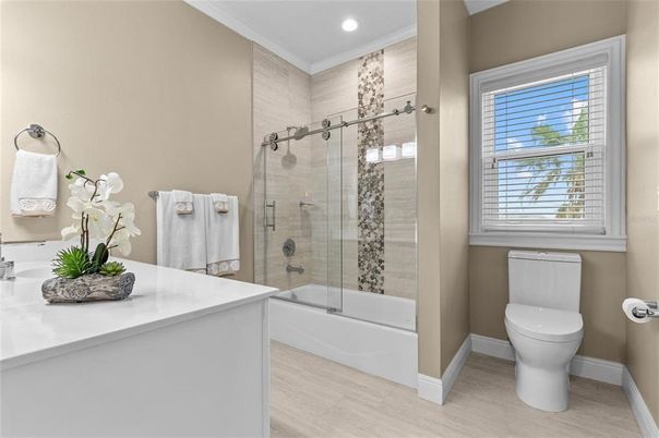 Bathroom, Glass Shower, Interior, Recessed Lighting, Wood Texture Flooring