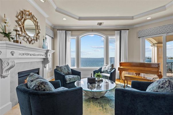 Fireplace, Interior, Living room, Piano, Recessed Lighting, Water