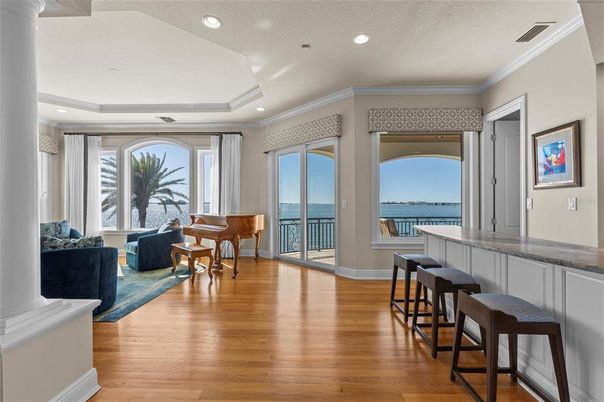 Interior, Living room, Recessed Lighting, Water, Wood Texture Flooring