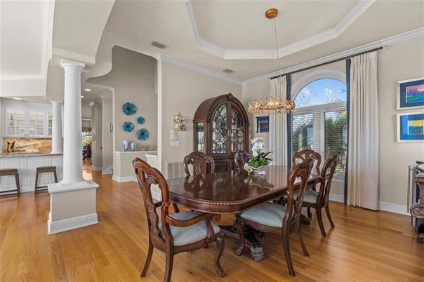 Chandelier, Dining room, Interior, Pendant Lights, Wood Texture Flooring