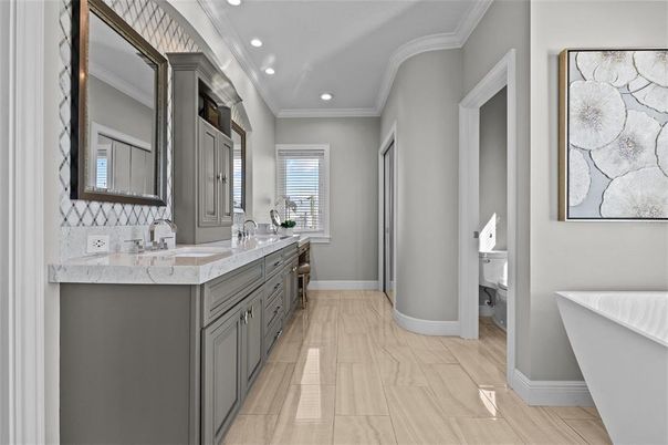 Bathroom, Dual Sink Vanities, Free Standing Baths, Interior, Marble, Recessed Lighting