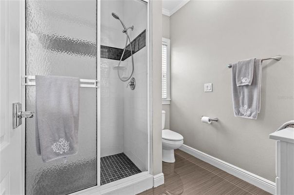 Bathroom, Glass Shower, Interior, Wood Texture Flooring