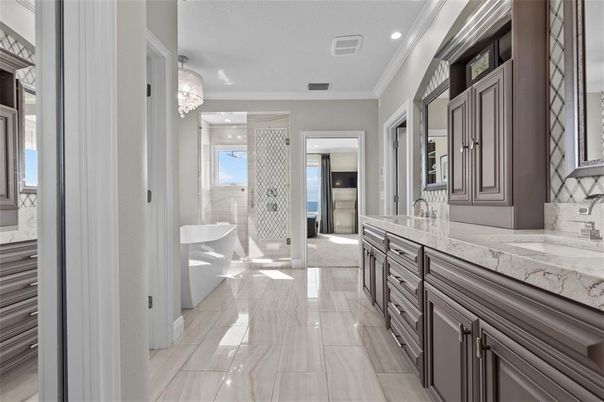 Bathroom, Chandelier, Dual Sink Vanities, Free Standing Baths, Interior, Marble, Recessed Lighting