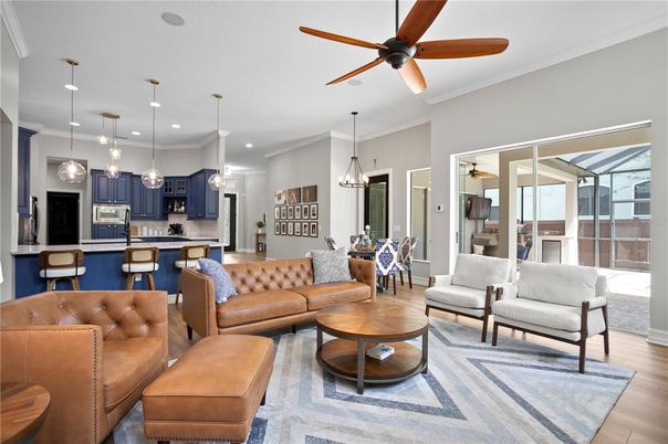 Dining room, Interior, Kitchen, Living room, Pendant Lights, Recessed Lighting, Stainless Steel Appliances, Wood Texture Flooring