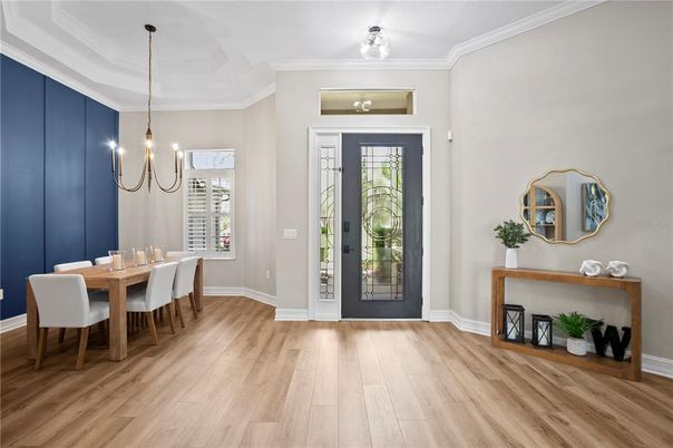 Dining room, Interior, Pendant Lights, Wood Texture Flooring