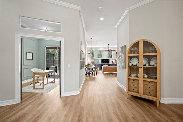 Dining room, Interior, Pendant Lights, Recessed Lighting, Wood Texture Flooring