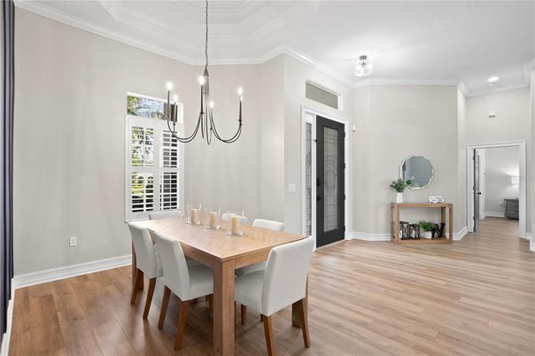 Chandelier, Dining room, Interior, Pendant Lights, Recessed Lighting, Wood Texture Flooring