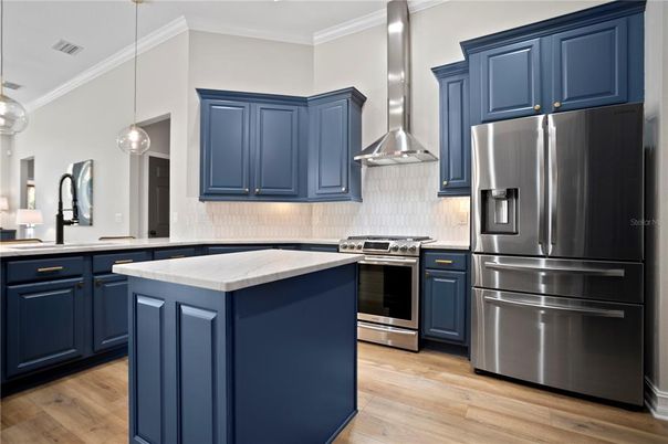 Interior, Kitchen, Pendant Lights, Stainless Steel Appliances, Wood Texture Flooring