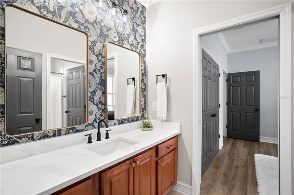 Bathroom, Dual Sink Vanities, Interior, Wood Texture Flooring