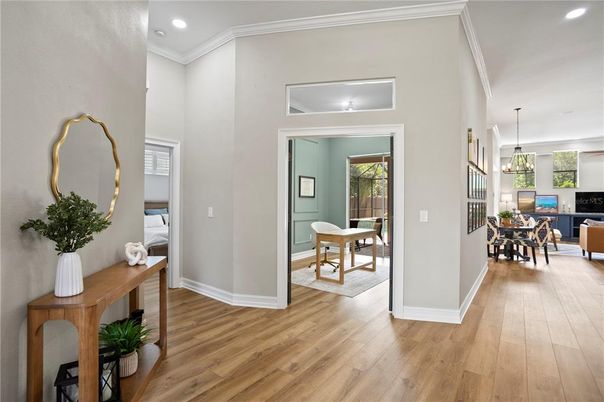 Dining room, Interior, Living room, Pendant Lights, Recessed Lighting, Wood Texture Flooring