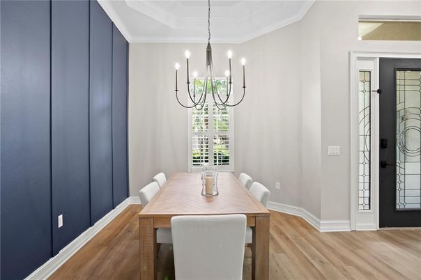 Chandelier, Dining room, Interior, Wood Texture Flooring
