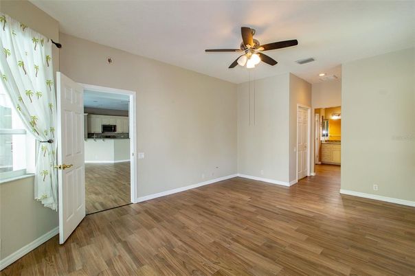 Empty room, Interior, Kitchen, Recessed Lighting, Wood Texture Flooring
