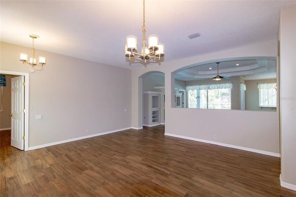 Chandelier, Empty room, Interior, Pendant Lights, Recessed Lighting, Wood Texture Flooring