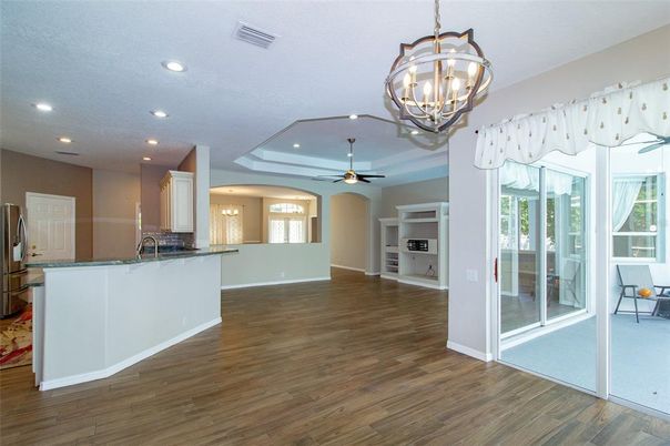 Chandelier, Interior, Kitchen, Recessed Lighting, Wood Texture Flooring