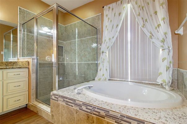 Bathroom, Glass Shower, Interior, Wood Texture Flooring