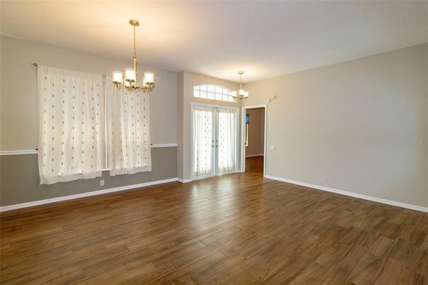 Chandelier, Empty room, Interior, Pendant Lights, Wood Texture Flooring
