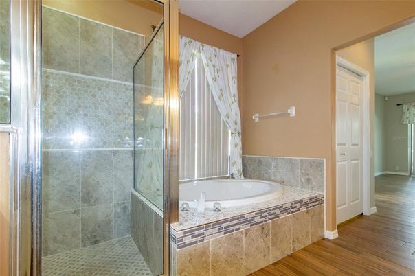 Bathroom, Glass Shower, Interior, Wood Texture Flooring