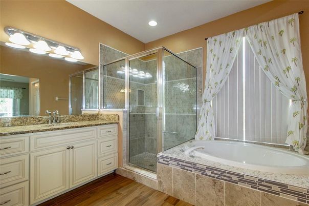 Bathroom, Glass Shower, Interior, Recessed Lighting, Wood Texture Flooring