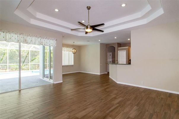 Empty room, Interior, Pendant Lights, Recessed Lighting, Wood Texture Flooring