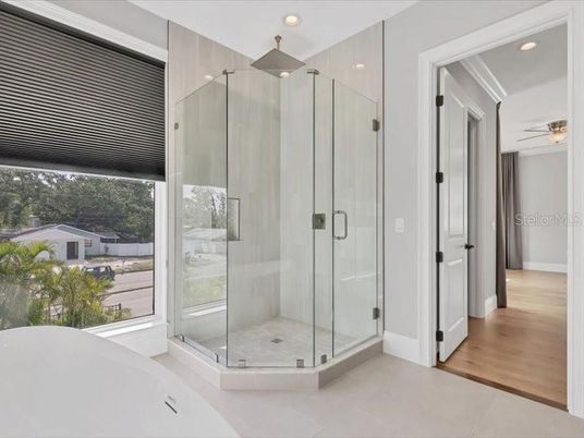 Bathroom, Glass Shower, Interior, Recessed Lighting, Wood Texture Flooring