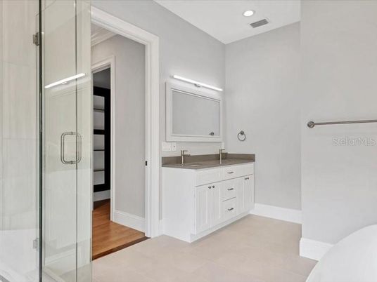 Bathroom, Glass Shower, Interior, Recessed Lighting, Wood Texture Flooring