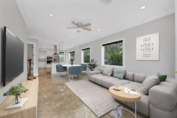 Dining room, Interior, Kitchen, Living room, Pendant Lights, Recessed Lighting, Stainless Steel Appliances