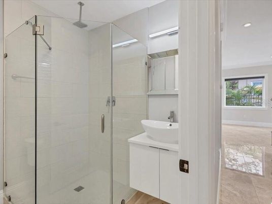 Bathroom, Glass Shower, Interior, Recessed Lighting