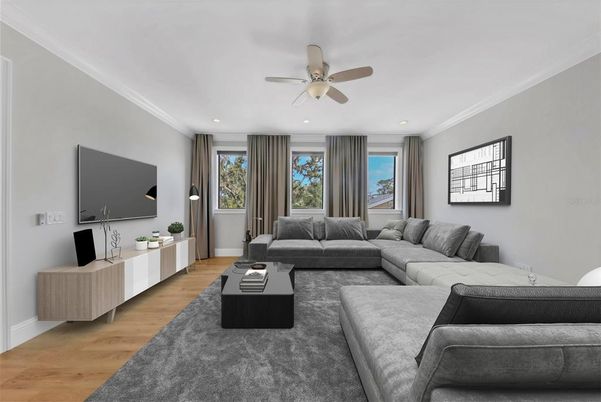 Interior, Living room, Recessed Lighting, Wood Texture Flooring