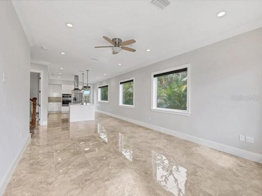 Empty room, Interior, Kitchen, Recessed Lighting, Stainless Steel Appliances