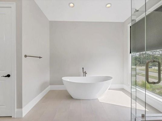 Bathroom, Free Standing Baths, Glass Shower, Interior, Recessed Lighting
