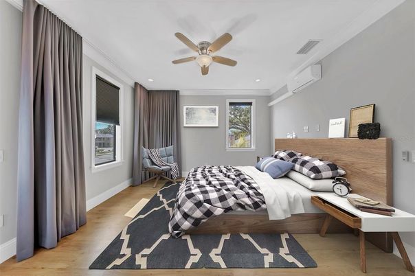 Bedroom, Interior, Recessed Lighting, Wood Texture Flooring