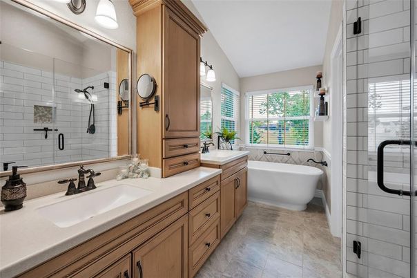 Bathroom, Dual Sink Vanities, Free Standing Baths, Glass Shower, Interior