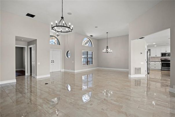Chandelier, Empty room, Interior, Kitchen, Pendant Lights, Recessed Lighting, Stainless Steel Appliances