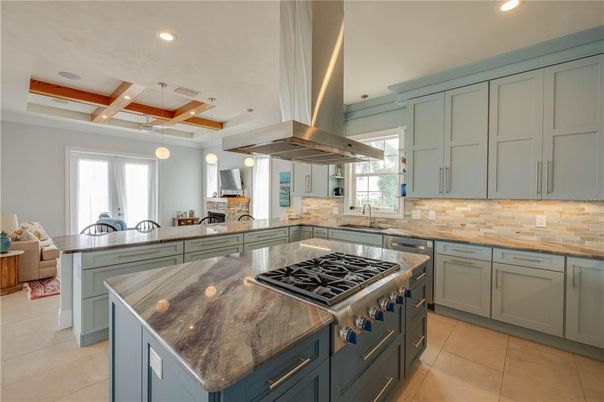 Interior, Kitchen, Pendant Lights, Recessed Lighting, Stainless Steel Appliances, Wooden Beams