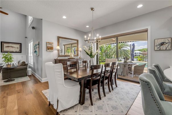 Chandelier, Dining room, Interior, Recessed Lighting, Wood Texture Flooring