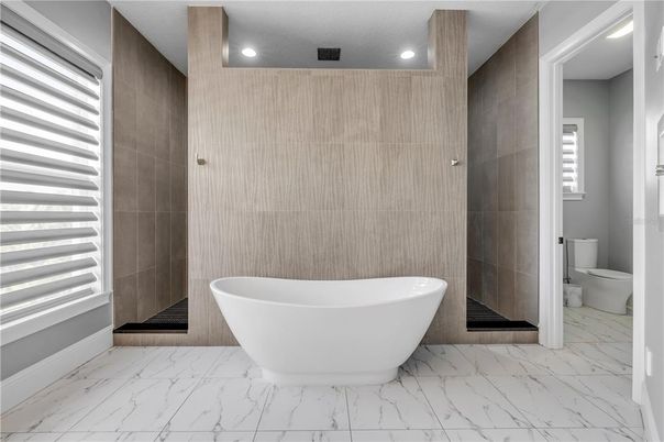 Bathroom, Free Standing Baths, Interior, Marble, Recessed Lighting