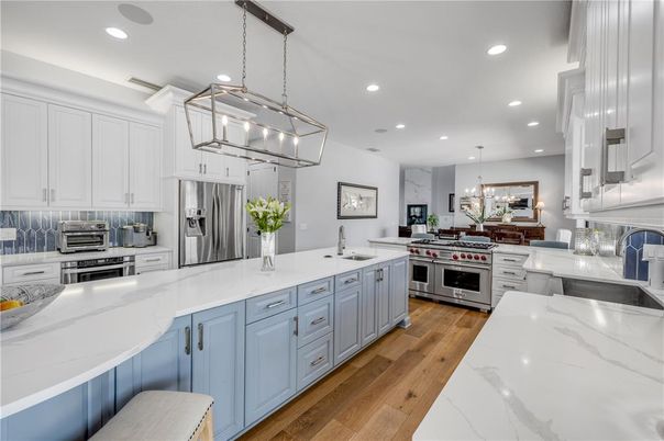 Interior, Kitchen, Pendant Lights, Recessed Lighting, Stainless Steel Appliances, Wood Texture Flooring