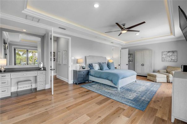 Bedroom, Interior, Recessed Lighting, Wood Texture Flooring