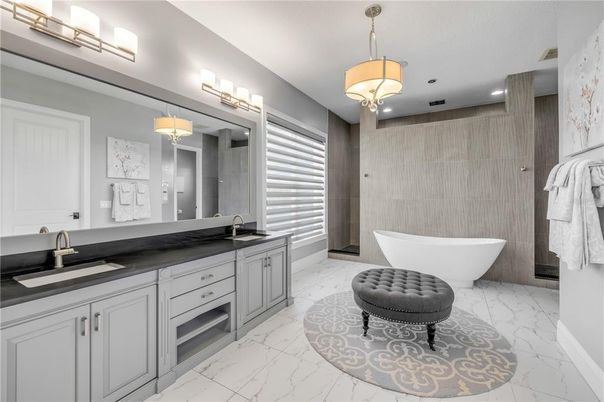 Bathroom, Dual Sink Vanities, Free Standing Baths, Interior, Marble, Pendant Lights, Recessed Lighting