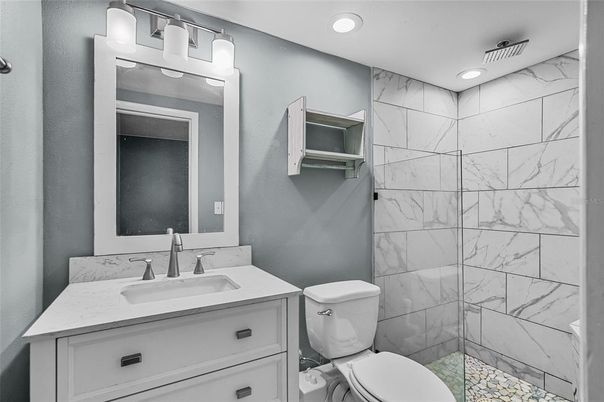 Bathroom, Glass Shower, Interior, Marble Walls, Recessed Lighting