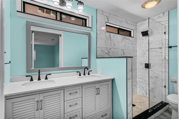 Bathroom, Dual Sink Vanities, Glass Shower, Interior, Marble Walls