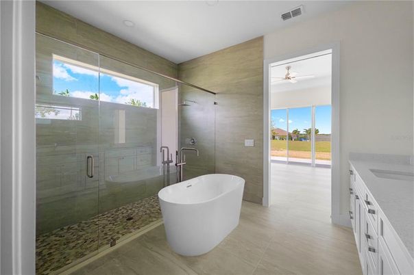 Bathroom, Free Standing Baths, Glass Shower, Interior, Recessed Lighting