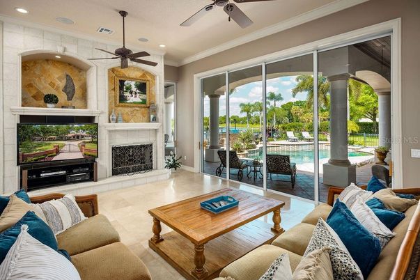 Fireplace, Interior, Living room, Recessed Lighting, Stone Walls