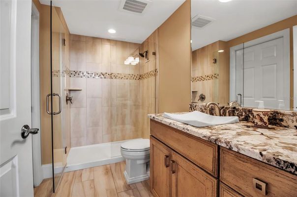 Bathroom, Glass Shower, Interior, Recessed Lighting, Wood Texture Flooring