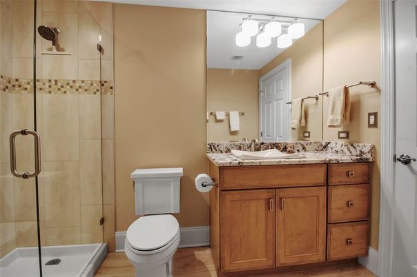 Bathroom, Glass Shower, Interior, Wood Texture Flooring