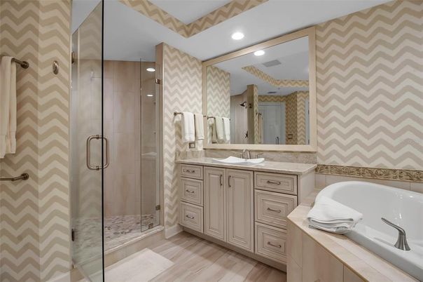 Bathroom, Glass Shower, Interior, Recessed Lighting, Wood Texture Flooring