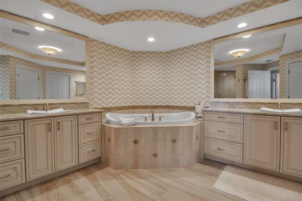 Bathroom, Dual Sink Vanities, Interior, Recessed Lighting, Wood Texture Flooring