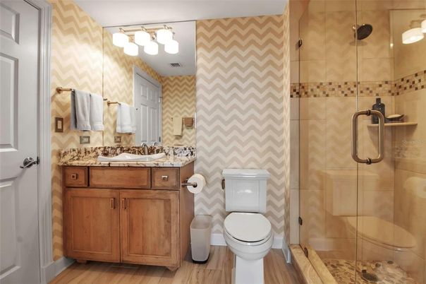 Bathroom, Glass Shower, Interior, Wood Texture Flooring
