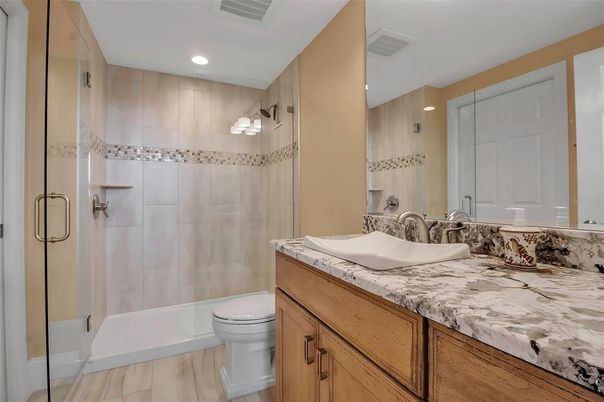 Bathroom, Glass Shower, Interior, Recessed Lighting, Wood Texture Flooring